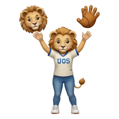 friendly anthropomorphised female lion wearing a baseball shirt, jeans, and trainers, lifting something up sticker
