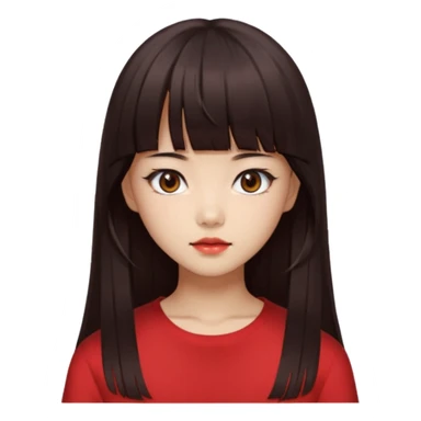 Korean girl, red top, black brown hair, brown eyes, long hair, cool girl, aesthetic, long hair, hime cut, blunt bangs sticker