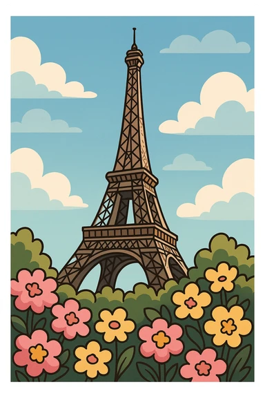 whimsical cartoon style of the Eiffel Tower with lush bushes of pink and yellow flowers at the base sticker