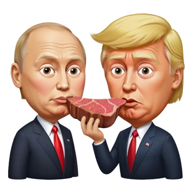 photorealistic Donald Trump and Putin eating a steak shaped like an piece of land sticker