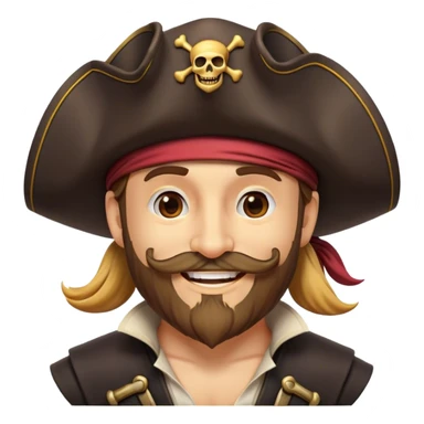 Clash of Clans aesthetic Cheerful Pirate Portrait Emoji, With a bright, confident smile and a relaxed yet adventurous posture, showcasing a stylized, rugged build with a classic pirate hat and a neatly groomed beard, his face in natural skin tone, Simplified yet expressive features, highly detailed, glowing with a soft, luminous maritime radiance, high shine, upbeat and daring, stylized with an air of classic swashbuckler allure, soft glowing outline, capturing the essence of a cheerful pirate ready to chart epic voyages! sticker