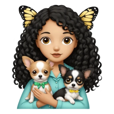 a girl light to medium tan skin with olive skin tone Long black curly hair cut butterfly carrying a white chihuahua dog with a cute ribbon sticker