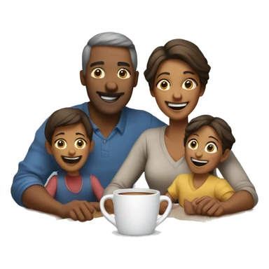 An emoji of a family—mother, father, and child—sitting at a table, playing a cup game with paper cups arranged on the table as they have fun together sticker