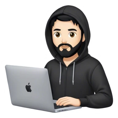 hackeur blanc cheveux noir barbe et capuche noir avec un macbook sticker