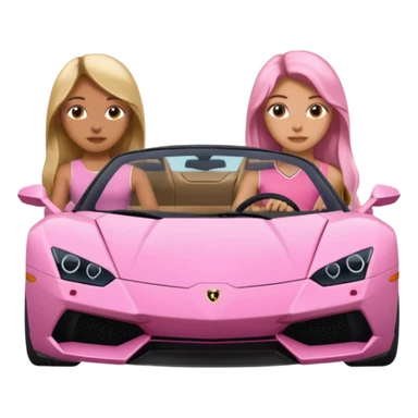 Make car far away so I can see full car Car facing forward in sports car. Make hair long  two girls in car far away Front of car sitting in the seats. Make it a pink sports car. They are two baddies make it a Lamborghini pink car  sticker