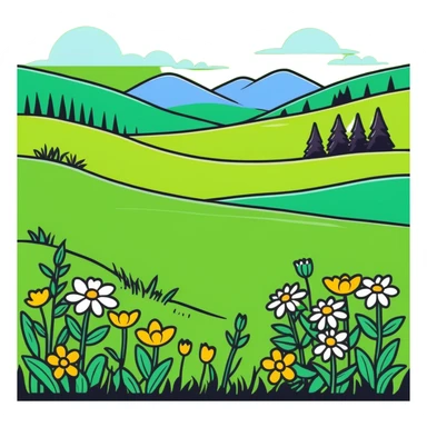 a lush green meadow with wildflowers, cartoonish sticker style sticker