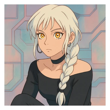 closeup portrait of young woman with gold yellow eyes, white hair in a long braid, black off-shoulder top, punk gothic style, futuristic cyberwave, sitting position, soft pastel color palette, ghibli style sticker
