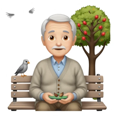 retired man feeding birds, gentle expression, cardigan sweater, sitting on a park bench sticker