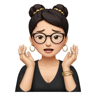  middle aged woman with dark hair pulled up in a high bun, wearing round ring earrings and glasses with a very painful expression on her face, eyes squeeed shut, wincing in pain,covering her ears with her hands, trying to not hear a terrible singer who is too loud and out of tune.  sticker