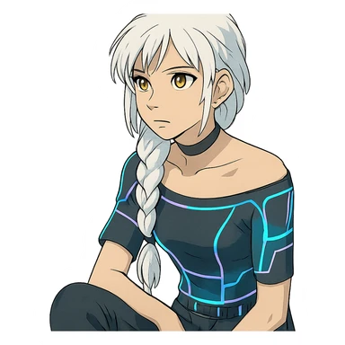 closeup portrait of young woman with gold yellow eyes, white hair in a long braid, black off-shoulder top, punk gothic style, futuristic cyberwave, sitting position, ghibli style sticker