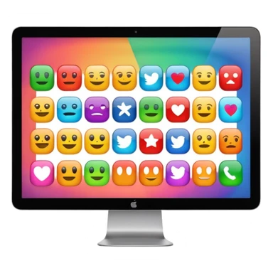 Emoji style simplified iMac screen displaying app icons in grid sticker