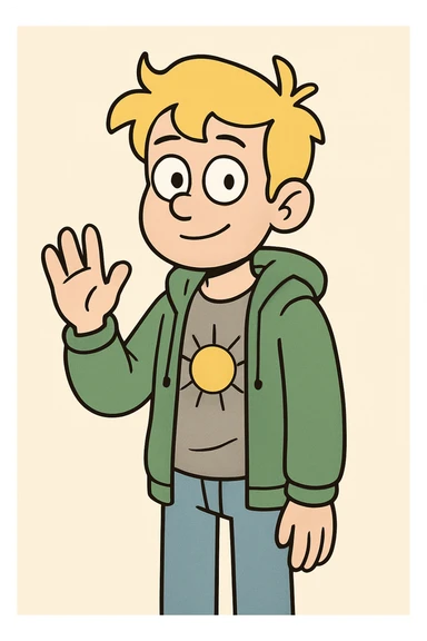 A boy yellow hair grey t-shirt yellow sun green hoodie lights blue jeans a hand hello  sticker