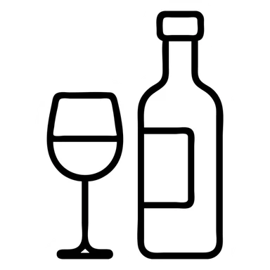 minimalist outline icon of a glass of wine and a wine bottle, white color only sticker