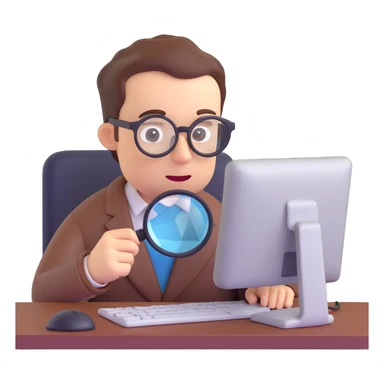 QA engineer at a computer with magnifying glass inspecting code sticker