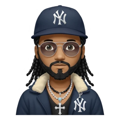 African American man with shoulder length black dreadlocks with black beard wearing black sunglasses wearing a New York Yankees logo baseball cap wearing a black bubble winter coat with diamond cross necklace on his neck sticker