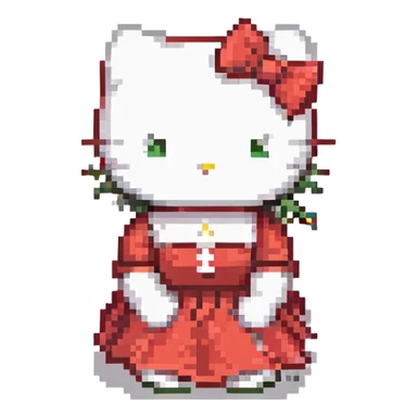 Hello Kitty, sitting pose, red dress, classic look, minimal details sticker