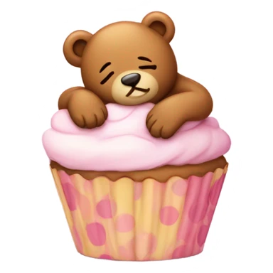 Sleeping teddy bear leaning against a cupcake sticker