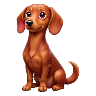 cinematic-[dachshund dog]-realistic-full-body-sitting-emoji,-tail-resting-loosely-beside-its-paws,-head-tilted-dramatically,-sleek-[red]-fur,-simplified-yet-realistic-focused-features,-highly-detailed,-glowing-with-an-almost-sarcastic-glow sticker