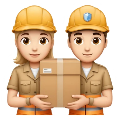 two workers in caps and uniforms holding a large box together sticker