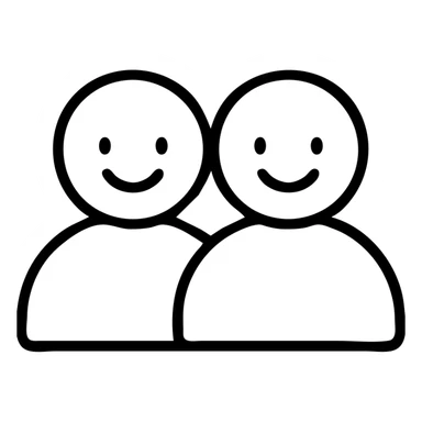 two human figures, close together, cheerful expression, minimalistic black outlined icon sticker