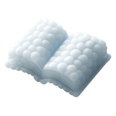 top view of a thick open book made entirely of small, very bright white fluffy convex clouds, matte glass style sticker