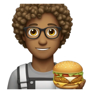 cute white guy with curly hair wearing glasses with a meal in hands sticker
