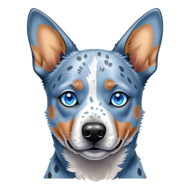 Cinematic Noble Blue Speckle Australian Cattle Dog Portrait Emoji, Poised and regal, with a robust, athletic build and a striking blue speckle Fur, piercing blue eyes, Simplified yet sharp and sophisticated features, highly detailed, glowing with a cool, dignified glow, high shine, intelligent and hardworking, stylized with an air of precision, focused and attentive, soft glowing outline, capturing the essence of a watchful and determined herder, so majestic it feels as though it could leap out of the screen with effortless authority! sticker