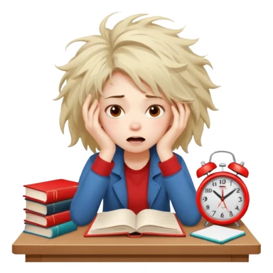 A student girl is sitting in a panic and chaos. On the table, there are a bunch of books, notebooks, and a phone with a red alarm clock on the screen. sticker