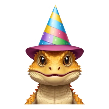 Grumpy, unhappy bearded dragon with a birthday hat sticker