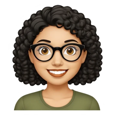 Hispanic woman with light tan skin. Round face with dimples. Dark eyes with black glasses. Thick eyebrows. Short curly black hair. Big smile. Wearing olive green top. sticker