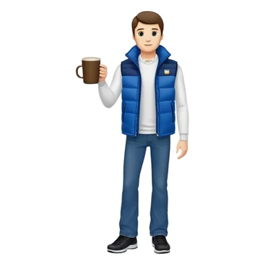 full body man with long sleeve white shirt with blue puffer winter vest with no pockets wearing straight long boot cut levi blue jeans with no cuffs and black tennis shoes holding a coffee mug in one hand in front of him and nothing in the other hand with his weight on one leg sticker