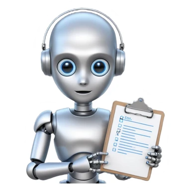 Portrait of a small humanoid robot with round head, metallic limbs, glowing eyes, holding a clipboard sticker