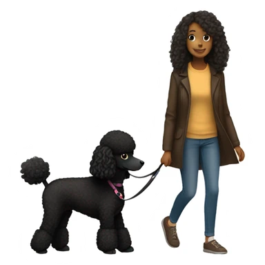3 legs One Small unshaved Black Poodle with brown harness is walking with a black long hair pretty girl sticker