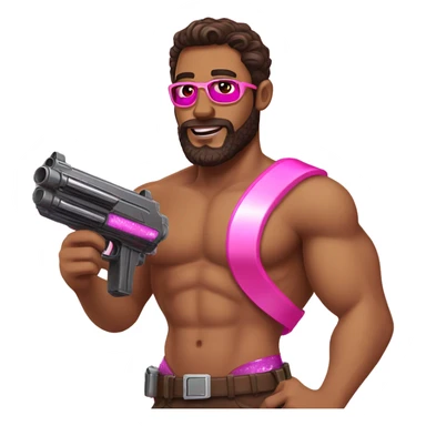 Tan man with dark brown hair, brown eyes, and a beard, holding a sparkly pink nerf gun wearing a bikini sticker