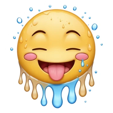 Smiley face emoji, closed eyes, tongue out, tongue dripping water, white splatters sticker