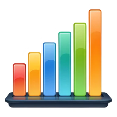 KPI dashboard icon emoji with rounded screen, glossy finish, soft shadow, bar chart with four colorful bars (blue, green, yellow, orange), thin white line graph overlay, gradient background, vibrant harmonious colors, transparent background sticker