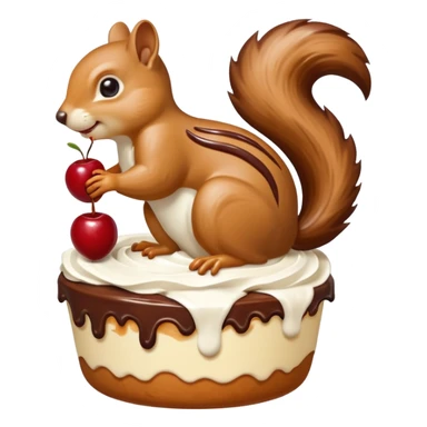 A large caramel custard decorated with chocolate and almonds to resemble a squirrel. Whipped cream with streaks of chocolate forms the shape of the squirrel's tail. It is topped with a cherry. sticker