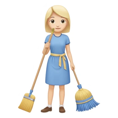 simplified human character calmly cleaning the room, holding a broom or cloth, relaxed smile, peaceful everyday routine, flat custom emoji sticker, soft pastel colors, rounded shapes, minimal details, thick outline, white background, no text sticker
