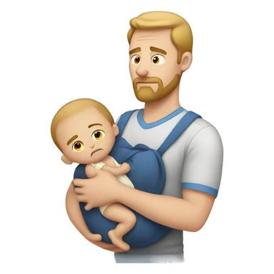 A tired white dad holding a baby sticker