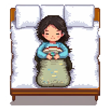 A girl with dark hair sleeping on a baby blue pillow sticker