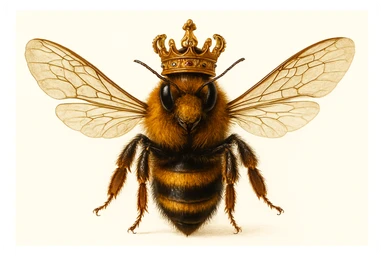 realistic illustration of a king bee, close-up, intricate wings, wearing a crown, natural lighting, white background sticker
