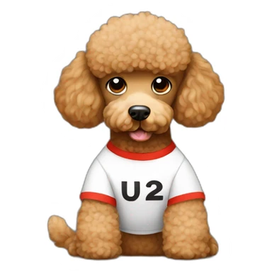 Light brown poodle seated and wearing a t-shirt with the text U2 sticker