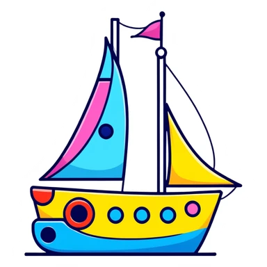 A cartoon toy sailboat with a beaming happy face, colorful sails and tiny portholes sticker