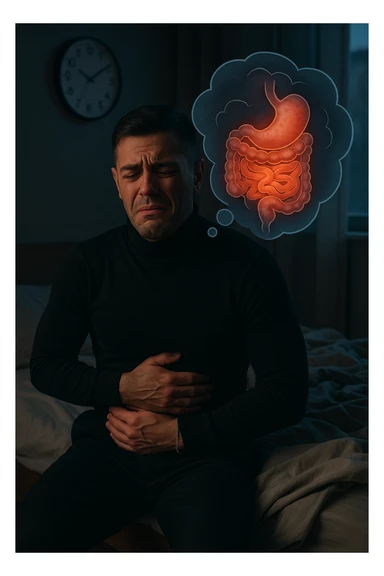a tired-looking man sits on the edge of his bed at dawn, holding his stomach with a pained expression. Dark circles under his eyes and a messy bed indicate poor sleep. In the background, a clock shows early morning hours, and a thought bubble or overlay highlights digestive organs, emphasizing intestinal discomfort linked to sleep deprivation. sticker