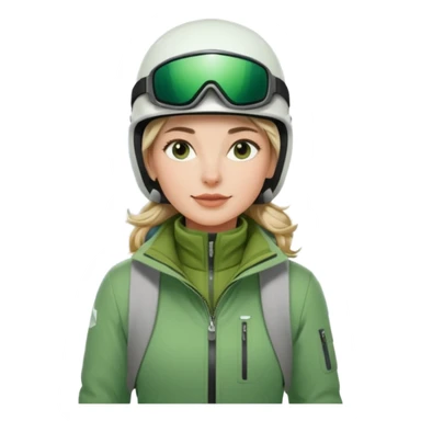 Woman, skiing, White helmet, Green Jacket, green trousers, background Matterhorn sticker
