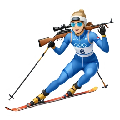 An icon showing a biathlete skiing on a snow-covered Olympic track with a rifle on their back. Cheering fans fill the stands. Majestic mountains, snowy trees, and a bright blue sky complete the scenic winter landscape. Transparent background captures the spirit of biathlon. sticker