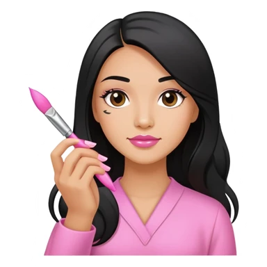 Pink Nail Tech with black long hair holding small acrylic brush sticker