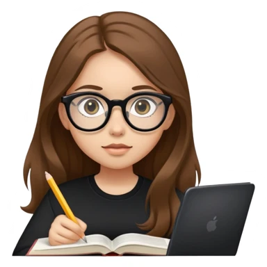 A girl with long brown hair, light skin and big eyes, also wearing a black shirt and glasses is studying sticker