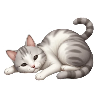 grey and white small cat with eyes closed lying down upside down with paws stretched out straight vertically  sticker