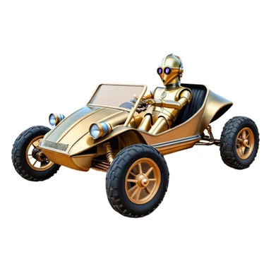 American southWest tarnished neon underglow C-3PO bounty hunter 1964 delicately ornate rosegold wood accents painted dune buggy buckboard powered by electric motors and batteries with racing safety belts while flying rapidly roughening terrain stable on strong agile advanced suspension and steering sticker